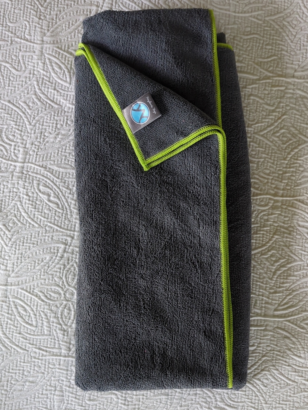 Charcoal Grey Yoga Towel with Lime Green Trim